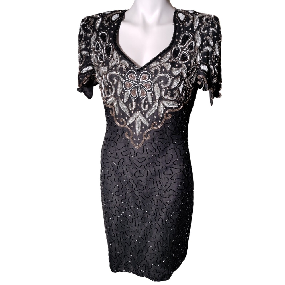 Lawrence Kazar Beaded Black and Silver‎ Silk Party Dress Glamour -Imperfect
